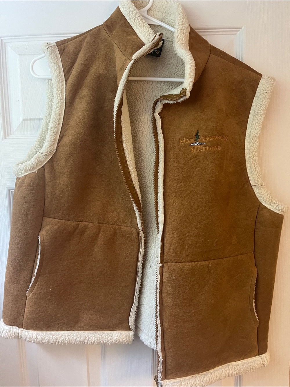 Mens Brown Suede Sherpa-Lined Vest with Cream Trim - Thunderbird - Manitouwadge